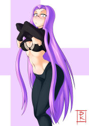 Rule 34 | 1girl, absurdres, black bra, black pants, black sweater, blunt-katana, blush, bra, breasts, cleavage, clothes pull, commentary, commission, english commentary, fate/stay night, fate (series), glasses, highres, legs together, long hair, looking at viewer, medium breasts, medusa (fate), medusa (rider) (fate), navel, pants, pulled by self, purple eyes, purple hair, semi-rimless eyewear, signature, narrow waist, solo, standing, stomach, sweater, sweater pull, tight clothes, tight pants, toned, turtleneck, turtleneck sweater, under-rim eyewear, underwear, undressing, very long hair