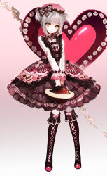Rule 34 | 1girl, bag, black footwear, boots, bow, brown eyes, chocolate, commentary request, cross-laced footwear, double bun, dress, food-themed clothes, full body, gothic lolita, hair bow, handbag, hat, heart, highres, juexing (moemoe3345), knee boots, lace-up boots, lolita fashion, long sleeves, original, silver hair, smile, solo, thigh boots, thighhighs