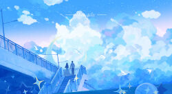 1boy 1girl artist_name ball bird black_hair black_pants blue_sky blue_theme chinese_commentary cloud commentary_request couple crescent_moon dawn dress flock from_behind full_body gradient_sky hetero holding_hands lamppost long_dress long_hair long_sleeves moon original outdoors pants pink_sky railing river shirt short_hair sky sparkle stairs star_(sky) starry_sky white_bird white_dress white_shirt wide_shot xiayulu