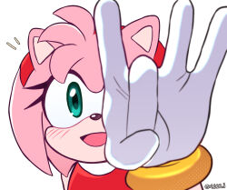 Rule 34 | 1girl, amy rose, blush, flick, furry, furry female, gloves, green eyes, highres, hobi (4622j), looking at viewer, open mouth, simple background, smile, solo, sonic (series), twitter username, upper body, white background, white gloves