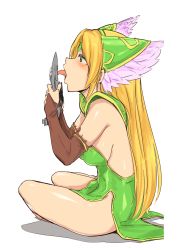 Rule 34 | 1girl, aircraft, airplane, armlet, armor, backless dress, backless outfit, bare shoulders, blonde hair, blush, breasts, bridal gauntlets, brown gloves, commentary request, dress, elbow gloves, f-15 eagle, forehead jewel, from side, full body, gloves, green armor, green dress, green eyes, green headwear, groin, hair intakes, half-closed eyes, hands up, helmet, highres, holding, kizuki rei, large breasts, licking, long hair, looking at object, looking away, looking to the side, model, on floor, open mouth, parted bangs, pauldrons, profile, riesz, seiken densetsu, seiken densetsu 3, shadow, shiny clothes, shiny skin, shoulder armor, side slit, sideboob, sidelocks, simple background, sitting, solo, thighs, tongue, tongue out, very long hair, white background, winged helmet