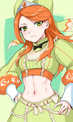 Rule 34 | 1girl, abs, black bow, black bowtie, bow, bowtie, breasts, closed mouth, commentary request, cowboy shot, crop top, etie (fire emblem), fire emblem, fire emblem engage, frilled shirt, frilled skirt, frills, frown, green background, green bow, green eyes, green shirt, green skirt, hair bow, hair ornament, hands on own hips, highres, long hair, long sleeves, looking at viewer, meribe, midriff, navel, nintendo, orange gemstone, orange hair, ribbon, shirt, skirt, small breasts, solo, standing, swept bangs, tiara