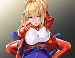 Rule 34 | 1boy, 1girl, adapted costume, ahoge, blonde hair, bodysuit, breasts, fate/grand order, fate (series), girl on top, green eyes, hair bun, hair intakes, hair ribbon, highres, large breasts, matrix16, multicolored bodysuit, multicolored clothes, nero claudius (fate), nero claudius (fate) (all), pov, red bodysuit, red ribbon, ribbon, saliva, single hair bun, skin tight, solo focus, spread legs, squatting, tongue, tongue out, white bodysuit