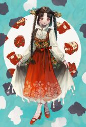 Rule 34 | 1girl, :o, braid, brown eyes, chinese zodiac, curtsey, dress, floral print, highres, horns, long hair, long sleeves, open mouth, original, pantyhose, parted bangs, print horns, red footwear, red nails, suimin kote, twin braids, twintails, very long hair, white pantyhose, year of the ox