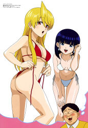 Rule 34 | 2girls, :o, absurdres, adjusting hair, akemi (snack basue), ass, bikini, black hair, blonde hair, blush, breasts, character request, cleavage, earrings, glasses, highres, jewelry, large breasts, leaning forward, long hair, looking at viewer, magazine scan, megami magazine, multiple girls, navel, official art, open mouth, red bikini, red eyes, scan, shirt, side-tie bikini bottom, simple background, snack basue, swimsuit, thought bubble, twisted torso, white background, white bikini, yellow shirt