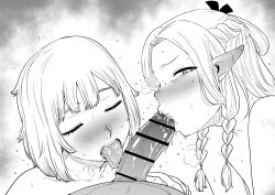 Rule 34 | 1boy, 2girls, absurdres, blonde hair, blush, braid, censored, closed eyes, cooperative fellatio, cum, dungeon meshi, elf, erection, falin touden, fellatio, ffm threesome, group sex, hair around ear, hetero, highres, kaiman garupan, licking, licking penis, long hair, looking at viewer, marcille donato, multiple braids, multiple girls, nude, open mouth, oral, penis, pointy ears, pov, short hair, simple background, teamwork, threesome, tongue, tongue out, veins, veiny penis