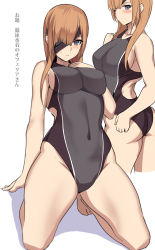 Rule 34 | 1girl, ass, bare arms, bare legs, bare shoulders, black one-piece swimsuit, blue eyes, blush, breasts, brown hair, commentary request, eyepatch, fate/grand order, fate (series), hair over one eye, kneeling, large breasts, long hair, looking at viewer, multiple views, navel, one-piece swimsuit, ophelia phamrsolone, shiseki hirame, swimsuit, translation request
