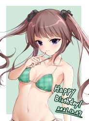 Rule 34 | 1girl, 2021, arm at side, bikini, black ribbon, blunt bangs, blush, border, breasts, breasts apart, brown hair, closed mouth, collarbone, commentary request, dated commentary, eyelashes, finger to mouth, floating hair, green background, green bikini, hair ribbon, halterneck, hand up, happy birthday, hapymaher, highres, hirasaka keiko, index finger raised, long hair, looking at viewer, midriff, navel, ncontrail (mgax7527), plaid, plaid bikini, purple eyes, ribbon, sidelocks, simple background, small breasts, smile, solo, stomach, swimsuit, tsurime, twintails, upper body, white border