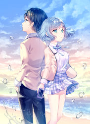 Rule 34 | 1boy, 1girl, back-to-back, beach, black pants, blue eyes, blue sky, brown hair, cellphone, copyright request, cover, cover page, crack, cracked phone, water drop, hanabishi nagisa, hands in pockets, holding, holding phone, looking to the side, nokimine hiiro, novel cover, official art, outdoors, pants, pastel pink, phone, plaid, plaid skirt, sand, school uniform, short hair, skirt, sky, smartphone, twilight, wasabi (sekai), water drop