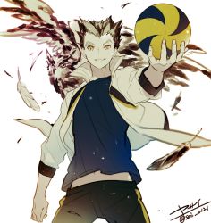 Rule 34 | 1boy, ball, bird, blue shirt, bokuto koutarou, grey hair, grin, haikyuu!!, holding, holding ball, jacket, looking at viewer, male focus, multicolored hair, open clothes, open jacket, owl, shirt, short hair, shorts, signature, smile, solo, sportswear, track jacket, two-tone hair, volleyball, volleyball (object), yasai (getsu)
