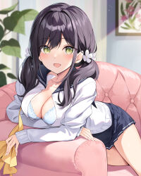 Rule 34 | 1girl, :d, black hair, blue bra, blue skirt, bra, breasts, check copyright, cleavage, commentary request, copyright request, couch, green eyes, hair ornament, highres, indoors, large breasts, long sleeves, looking at viewer, medium hair, open mouth, original, oryo (oryo04), shirt, skirt, smile, solo, thighs, underwear, white shirt