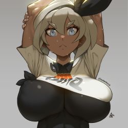 Rule 34 | 1girl, absurdres, alternate breast size, arms up, aurahack, bea (pokemon), black bow, blue eyes, bow, breasts, closed mouth, covered erect nipples, creatures (company), dark-skinned female, dark skin, dated, game freak, grey background, grey hair, gym leader, hair between eyes, hair bow, highres, impossible clothes, large breasts, nintendo, pokemon, pokemon swsh, see-through, short hair, signature, simple background, solo, sweat, tight clothes, twitter username, upper body