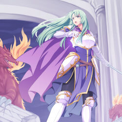 Rule 34 | 1girl, :o, armor, armored boots, black pants, boots, breastplate, cape, cecilia (fire emblem), dragon, dress, elbow gloves, fire, fire emblem, fire emblem: the binding blade, gloves, green hair, ham pon, highres, holding, holding staff, long hair, nintendo, pants, purple cape, purple dress, solo, staff, v-shaped eyebrows, white armor, white footwear, white gloves