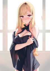 Rule 34 | 1girl, :t, absurdres, arm under breasts, ataruman, bare shoulders, black dress, blonde hair, breasts, cleavage, commentary, dress, ear piercing, earrings, english commentary, hair between eyes, highres, jewelry, kitagawa marin, large breasts, long hair, looking at viewer, piercing, pout, red eyes, sketch, solo, sono bisque doll wa koi wo suru, tearing up, upper body