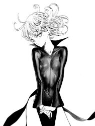 Rule 34 | 1girl, bare legs, black dress, breasts, closed mouth, covered navel, curly hair, dress, eyelashes, greyscale, long sleeves, looking at viewer, monochrome, murata yuusuke, one-punch man, own hands together, pelvic curtain, skin tight, small breasts, standing, tatsumaki, white background