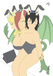 Rule 34 | animal ears, black hair, blonde hair, blush, breasts, rabbit ears, cleavage, conjoined, dragon girl, embarrassed, hair over one eye, highres, horns, large breasts, leotard, looking at viewer, red hair, smile, tail, wings