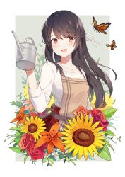 Rule 34 | 1girl, absurdres, apron, black hair, bug, butterfly, flower, hair ornament, hair ribbon, half updo, highres, insect, long hair, long sleeves, one side up, open mouth, original, plant, red eyes, red skirt, ribbon, rose, shirt, simple background, skirt, smile, sunflower, t-shirt, white background, white ribbon, white shirt, yaruwashi