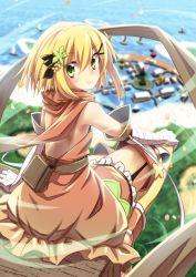Rule 34 | bandaged arm, bandages, blonde hair, blurry, clover hair ornament, day, depth of field, flower, flower knight girl, green eyes, hair flower, hair ornament, highres, katabami (flower knight girl), landscape, looking at viewer, mizunashi (second run), short hair, sitting, smile, solo