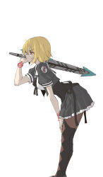 Rule 34 | 1girl, ahoge, assault lily, black footwear, black ribbon, black skirt, black thighhighs, blonde hair, breasts, brown pantyhose, closed mouth, commentary, cropped jacket, emblem, feet out of frame, frilled skirt, frills, from side, hair between eyes, hand on own thigh, hand up, highres, holding, holding sword, holding weapon, leaning forward, looking ahead, medium breasts, miniskirt, mole, mole under eye, neck ribbon, over shoulder, pantyhose, pink eyes, pink ribbon, pleated skirt, profile, puffy short sleeves, puffy sleeves, ribbon, school uniform, seike tomoyo, shirt, shoes, short hair, short sleeves, simple background, skirt, solo, standing, sword, sword over shoulder, thighhighs, thighhighs over pantyhose, underbust, urutsu sahari, v-shaped eyebrows, weapon, weapon over shoulder, white background, white shirt, wrist ribbon, yurigaoka girls academy school uniform