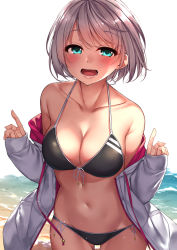 Rule 34 | 1girl, :d, aqua eyes, bare shoulders, beach, bikini, black bikini, blush, breasts, cleavage, collarbone, commentary request, cowboy shot, drawstring, front-tie bikini top, front-tie top, halterneck, hands up, highres, jacket, large breasts, long sleeves, looking at viewer, navel, off shoulder, open clothes, open jacket, open mouth, original, rerrere, short hair, side-tie bikini bottom, sidelocks, silver hair, smile, solo, standing, swimsuit, water, white background, white jacket