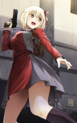 Rule 34 | 1girl, :d, backpack, bag, black socks, blonde hair, breasts, commentary request, day, dress, feet out of frame, grey dress, gun, hair between eyes, hair ribbon, hand up, handgun, highres, holding, holding gun, holding weapon, kneehighs, looking away, looking to the side, lycoris recoil, medium breasts, nishikigi chisato, open mouth, outdoors, pleated dress, red dress, red eyes, red ribbon, ribbon, signature, smile, socks, solo, standing, tea (nakenashi), twitter username, two-tone dress, weapon