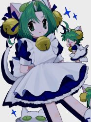 Rule 34 | 1girl, animal ears, animal hat, antenna hair, apron, bell, blue dress, cat ears, cat hat, cat tail, chibi, dejiko, di gi charat, dress, frilled dress, frills, green eyes, green hair, hair bell, hair ornament, hat, highres, looking at viewer, maid apron, mittens, paw shoes, pepeppepe101, puffy short sleeves, puffy sleeves, short hair, short sleeves, smile, tail, white apron, white mittens