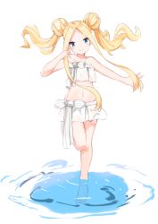 Rule 34 | 1girl, abigail williams (fate), abigail williams (swimsuit foreigner) (fate), absurdres, bare arms, bare shoulders, barefoot, bikini, blonde hair, blue eyes, bow, closed mouth, collarbone, commentary, double bun, fate/grand order, fate (series), forehead, hair bun, highres, long hair, looking at viewer, navel, parted bangs, shallow water, simple background, smile, solo, standing, standing on one leg, strapless, strapless bikini, striped, striped bow, swimsuit, twintails, very long hair, water, white background, white bikini, white bow, yukaa