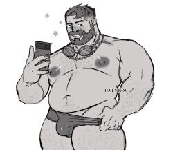 Rule 34 | 1boy, arm hair, bara, beard, belly, brown hair, bulge, come hither, coral island, facial hair, fat, fat man, full beard, goggles, goggles around neck, greyscale, grin, hairy, happy aura, holding, holding phone, isvenkov, large areolae, large pectorals, looking at viewer, male focus, male swimwear, mark (coral island), monochrome, muscular, muscular male, navel, navel hair, nipples, pectorals, phone, seductive smile, short hair, smile, solo, sparse arm hair, sparse chest hair, swim briefs, thick beard, thick leg hair, thick thighs, thighs, topless male