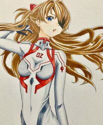 Rule 34 | 1girl, artist request, blue eyes, bodysuit, breasts, brown hair, evangelion: 3.0+1.0 thrice upon a time, eyepatch, floating hair, hair ornament, hand in own hair, highres, long hair, looking at viewer, medium breasts, neon genesis evangelion, photo (medium), pilot suit, plugsuit, rebuild of evangelion, shiny clothes, skin tight, solo, souryuu asuka langley, traditional media, two side up, very long hair, white background, white bodysuit