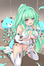 Rule 34 | 1girl, aose saratoga, bare shoulders, bodysuit, boots, breasts, cleavage, defeat, gloves, green hair, green heart (neptunia), highres, large breasts, neptune (series), open mouth, ponytail, purple eyes, tentacles, thighs, vert (neptunia)