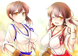Rule 34 | 10s, 2girls, adjusting hair, akagi (kancolle), blush, breasts, brown eyes, brown hair, gloves, japanese clothes, kaga (kancolle), kantai collection, large breasts, long hair, looking at viewer, multiple girls, muneate, one eye closed, open mouth, partially fingerless gloves, partly fingerless gloves, personification, rui shi (rayze ray), short hair, side ponytail, skirt, smile, wink, yugake