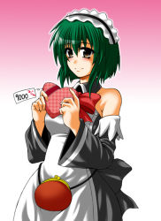 Rule 34 | 1girl, blush, bow, bowtie, box, brown eyes, detached sleeves, dress, frills, gradient background, green hair, hairband, heart, heart-shaped box, holding, lolita hairband, long sleeves, looking at viewer, maid, quiz magic academy, red bow, red bowtie, riel, simple background, smile, solo, taihei tengoku, valentine, white dress, wide sleeves
