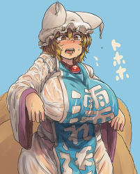Rule 34 | 1girl, animal hat, blonde hair, blue background, blush, breasts, brown eyes, chanta (ayatakaoisii), covered erect nipples, cowboy shot, dress, fox tail, hands up, hat, huge breasts, long sleeves, mob cap, multiple tails, open mouth, mob cap, see-through, short hair, simple background, slit pupils, solo, sweat, tabard, tail, teeth, text focus, tongue, touhou, translation request, wet, wet clothes, white dress, wide hips, wide sleeves, yakumo ran