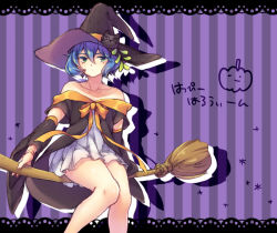 Rule 34 | 10s, 1girl, adapted costume, alternate color, bad id, bad pixiv id, bare shoulders, blue hair, broom, broom riding, collarbone, expressionless, fuyu rin, green eyes, halloween, happy halloween, hat, lace background, piruluk, pumpkin, selector wixoss, short hair, sidesaddle, solo, striped, striped background, translation request, vertical stripes, witch hat, wixoss