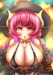 Rule 34 | 1girl, absurdres, breasts, candy, candy cane, dr.biscuits, dragon, dragon girl, dress, drill hair, fangs, female focus, food, hair ornament, halloween, halloween bucket, halloween costume, hat, highres, horns, huge breasts, ilulu (maidragon), kobayashi-san chi no maidragon, looking at viewer, multicolored hair, open mouth, pink eyes, pink hair, pov, pumpkin, ribbon, shortstack, solo, tight clothes, tight dress, two-tone hair, witch, witch hat