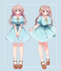 Rule 34 | 1girl, absurdres, blue dress, blush, breasts, brown footwear, buttons, closed mouth, collared dress, dress, festa11307070, full body, green eyes, highres, large breasts, looking at viewer, medium dress, neck ribbon, original, puffy short sleeves, puffy sleeves, ribbon, second-party source, short sleeves, smile, socks, two side up, wankoin-chan, white socks, yellow ribbon