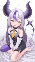 Rule 34 | 1girl, ahoge, ascot, awa (awao141), barefoot, braid, braided bangs, breasts, fangs, grey hair, highres, hololive, horns, la+ darknesss, la+ darknesss (1st costume), long hair, looking at viewer, multicolored hair, open mouth, pointy ears, purple hair, purple thighhighs, single thighhigh, sitting, skin fangs, small breasts, solo, streaked hair, striped horns, thighhighs, virtual youtuber, wariza, yellow ascot, yellow eyes