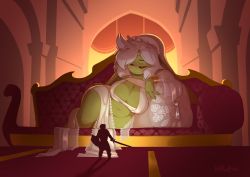Rule 34 | belly, breasts, closed eyes, colored skin, cosplay, couch, dark souls (series), dress, earrings, female goblin, goblin, green eyes, green skin, highres, huffslove, jewelry, large breasts, long hair, original, pointy ears, regina (huffslove), shortstack, very long hair, white dress