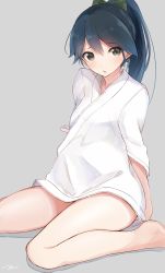 Rule 34 | 10s, 1girl, :o, alternate costume, bare legs, barefoot, blue hair, blush, bow, collarbone, eyebrows, green bow, green eyes, grey background, hair bow, highres, houshou (kancolle), kantai collection, locked arms, long hair, long sleeves, naked shirt, no bra, no legwear, no panties, open mouth, ponytail, shirt, simple background, sitting, solo, spread legs, tareme, tebi (tbd11), wariza