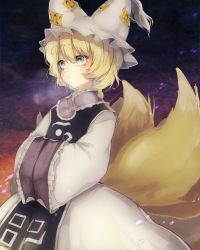 Rule 34 | 1girl, absurdres, animal hat, blonde hair, commentary request, dress, expressionless, fox tail, frilled sleeves, frills, grey eyes, hands in opposite sleeves, hat, highres, long sleeves, mob cap, multiple tails, ofuda, mob cap, sakuratsuki, short hair, tabard, tail, touhou, white dress, yakumo ran