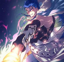 Rule 34 | 1boy, abs, belt, biceps, blue hair, capelet, closed mouth, cu chulainn (caster) (fate), cu chulainn (fate), earrings, elbow gloves, fang, fate (series), fire, floating hair, foreshortening, fur-trimmed hood, fur trim, gloves, grin, hood, hood down, hooded capelet, incoming attack, jewelry, long hair, looking at viewer, male focus, multiple piercings, muscular, red eyes, skin tight, slit pupils, smile, solo, spiked hair, tank top, type-moon, uni (nico02), vambraces, veins, wooden staff