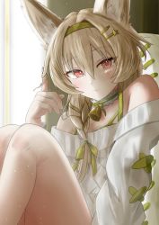 Rule 34 | 1girl, absurdres, arknights, bare shoulders, beanstalk (arknights), beanstalk (gift uncompleted) (arknights), bell, braid, breasts, cleavage, cropped sweater, green eyes, green hair, green hairband, twirling hair, hairband, highres, hyena ears, hyena girl, knee up, neck bell, neck garter, off-shoulder sweater, off shoulder, official alternate costume, single braid, sora mame (princess 0sora), striped clothes, striped hairband, sweater, white sweater