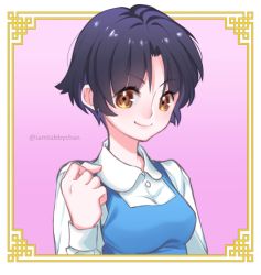 Rule 34 | 1girl, black hair, brown eyes, closed mouth, collared shirt, framed, long sleeves, looking at viewer, ranma 1/2, shirt, short hair, smile, solo, tabby chan, tendou akane, twitter username, upper body, white shirt, wing collar