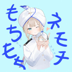 Rule 34 | 1boy, blonde hair, blue eyes, blush, captain nemo (fate), coat, epaulettes, fate/grand order, fate (series), hat feather, heart, highres, holding, light blue background, light frown, long sleeves, male focus, nemo (fate), nemosk3o, one eye closed, simple background, solo, stuffed toy, sweatdrop, translated, turban, twintails, white coat, white headwear