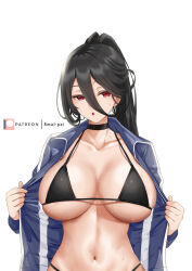 Rule 34 | 1girl, :o, absurdres, amai-pai, bikini, bikini under clothes, black bikini, black choker, black hair, blue archive, blue jacket, breasts, choker, cleavage, collarbone, commentary, english commentary, expressionless, hair between eyes, hasumi (blue archive), hasumi (track) (blue archive), high ponytail, highres, jacket, large breasts, long hair, looking at viewer, navel, official alternate costume, open clothes, open jacket, open mouth, patreon logo, patreon username, ponytail, red eyes, simple background, skindentation, solo, stomach, string bikini, sweat, swimsuit, track jacket, upper body, white background