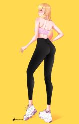Rule 34 | 1girl, absurdres, alternate costume, black pants, blonde hair, blush, bra, female focus, fraankyy, full body, hand on own hip, high-waist pants, highres, kitagawa marin, lips, looking at viewer, looking back, pants, shoes, sidelocks, skin tight, smile, sneakers, solo, sono bisque doll wa koi wo suru, sports bra, sportswear, standing, tall, thick thighs, thighs, tight clothes, underwear, unfinished, white footwear, yoga pants