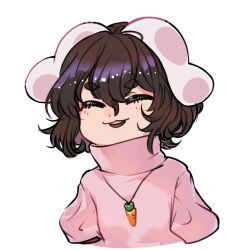 Rule 34 | 1girl, :3, animal ears, brown hair, carrot necklace, closed eyes, commentary request, cropped torso, dress, facing viewer, flat chest, floppy ears, hair between eyes, highres, inaba tewi, jewelry, long bangs, necklace, nio (meple nio), open mouth, pendant, pink dress, puffy sleeves, rabbit ears, rabbit girl, round teeth, short hair, simple background, smile, solo, teeth, thick eyebrows, touhou, turtleneck, upper body, upper teeth only, white background