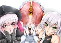 Rule 34 | 3girls, bandages, bare shoulders, black gloves, breasts, cleavage, commentary, fate/grand order, fate (series), fingerless gloves, frankenstein&#039;s monster (fate), gloves, hair over eyes, hands on own face, hat, highres, horns, jack the ripper (fate/apocrypha), lips, looking at viewer, mrtakenoko, multiple girls, nursery rhyme (fate), parted lips, pink hair, purple eyes, purple hair, red hair, single horn, white gloves, white hair