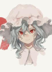 Rule 34 | 1girl, closed mouth, dated, fang, grey hair, hair between eyes, hat, highres, kagari (kgr 000), mob cap, portrait, red eyes, remilia scarlet, short hair, simple background, slit pupils, smile, solo, touhou, twitter username, white background, white hat