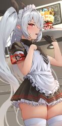Rule 34 | 1girl, alternate costume, apron, armband, black dress, black gloves, black necktie, black ribbon, blue archive, blush, dress, food, frills, gloves, grey hair, hair over one eye, hair ribbon, highres, holding, holding tray, ice cream, iori (blue archive), long hair, looking at viewer, maid, maid headdress, meettheton, necktie, open mouth, pointy ears, red armband, red eyes, ribbon, short sleeves, skindentation, solo, sundae, sweat, thighhighs, tray, twintails, very long hair, white apron, white thighhighs